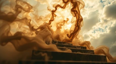 A mesmerizing extreme macro photograph captures a winding stairway crafted from ethereal smoke and light, ascending into a va