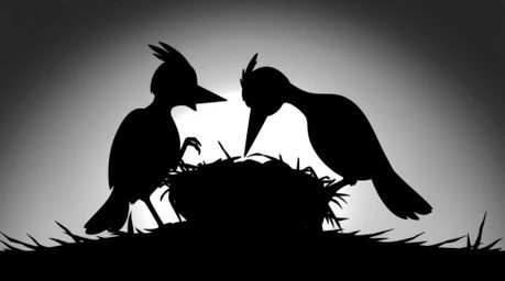 A timeless image depicting two cartoon birds constructing a nest, silhouetted against a bright backlight.  Rendered in a clas