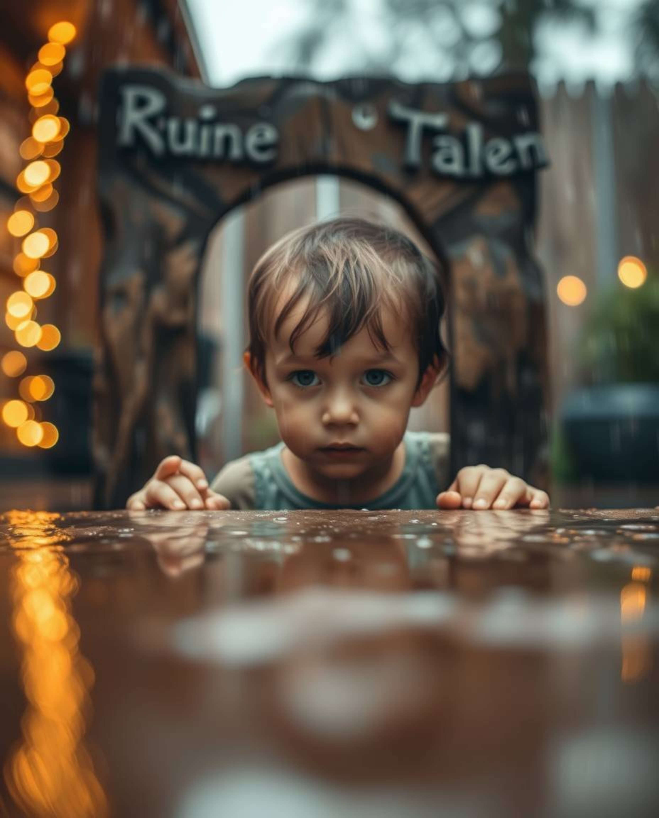 A captivating image depicting a child with a focused expression discovering a magical portal in their rain-soaked backyard. T