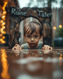 A captivating image depicting a child with a focused expression discovering a magical portal in their rain-soaked backyard. T