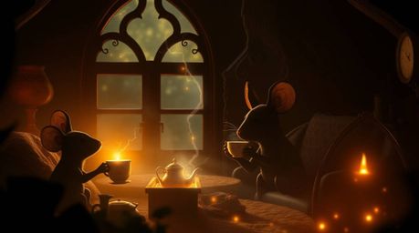 Discover a captivating image of anthropomorphic mice enjoying a tea party in a cozy cottage.  Bathed in an ethereal, electric