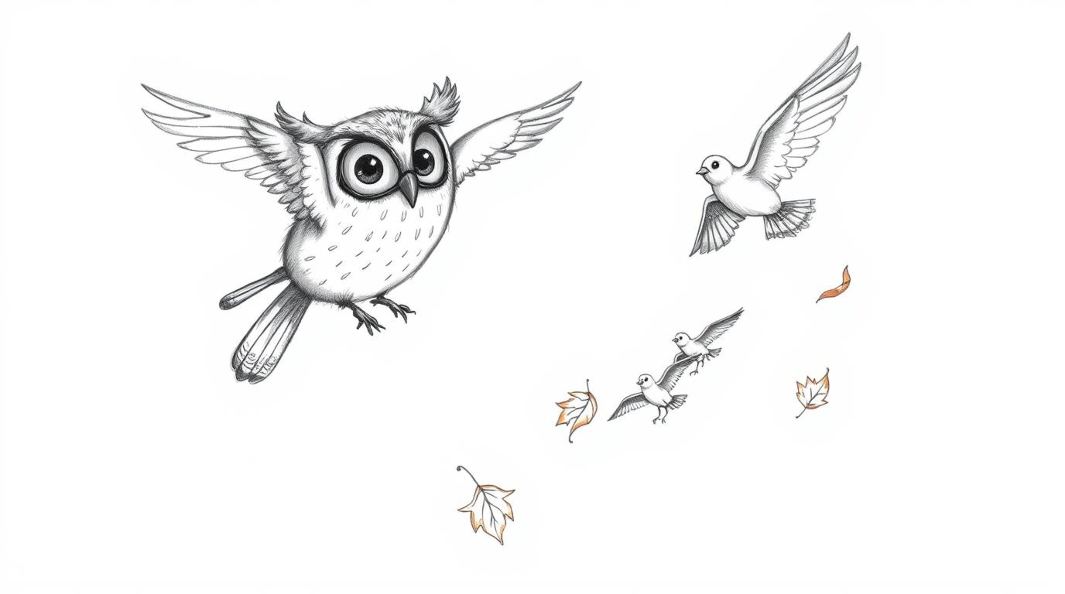A heartwarming Pixar-style hand-drawn sketch depicts a blind owl with detailed, soft feathers and expressive eyes as it guide