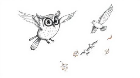 A heartwarming Pixar-style hand-drawn sketch depicts a blind owl with detailed, soft feathers and expressive eyes as it guide
