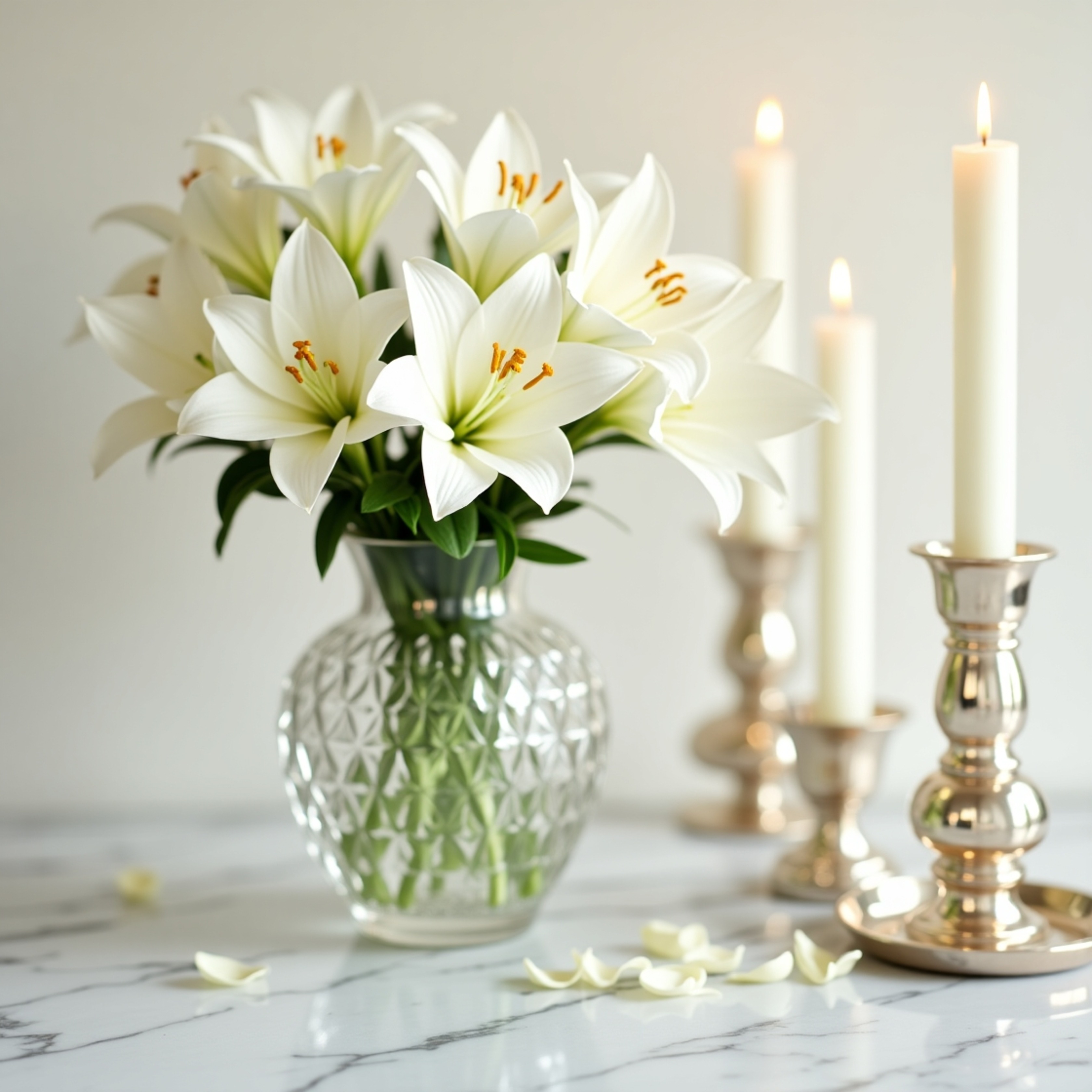A captivating still life featuring a delicate bouquet of pure white lilies artfully arranged in an exquisite crystal vase.  T