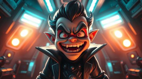 A charming villain with adorable features suffers a hilariously chaotic breakdown within a sleek, high-tech lair.  Epic lens 