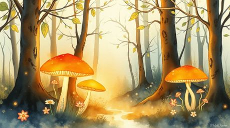 A dreamy watercolor painting depicts a vintage-style enchanted forest bathed in the warm light of golden hour.  Glowing mushr