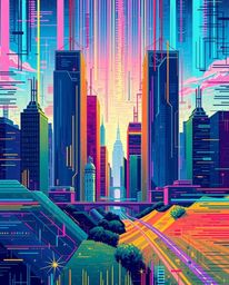 This artwork depicts a vibrant and colorful glitchy digital landscape featuring distorted skyscrapers and static noise.  Rend