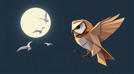 An intricate origami-style illustration depicting a blind owl, rendered in the distinctive Pixar style, tenderly guiding bird