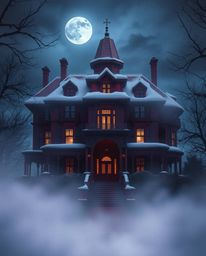 A fog-covered Victorian mansion bathed in moonlight, rendered in rich burgundy and deep blue hues, evokes a sense of sophisti