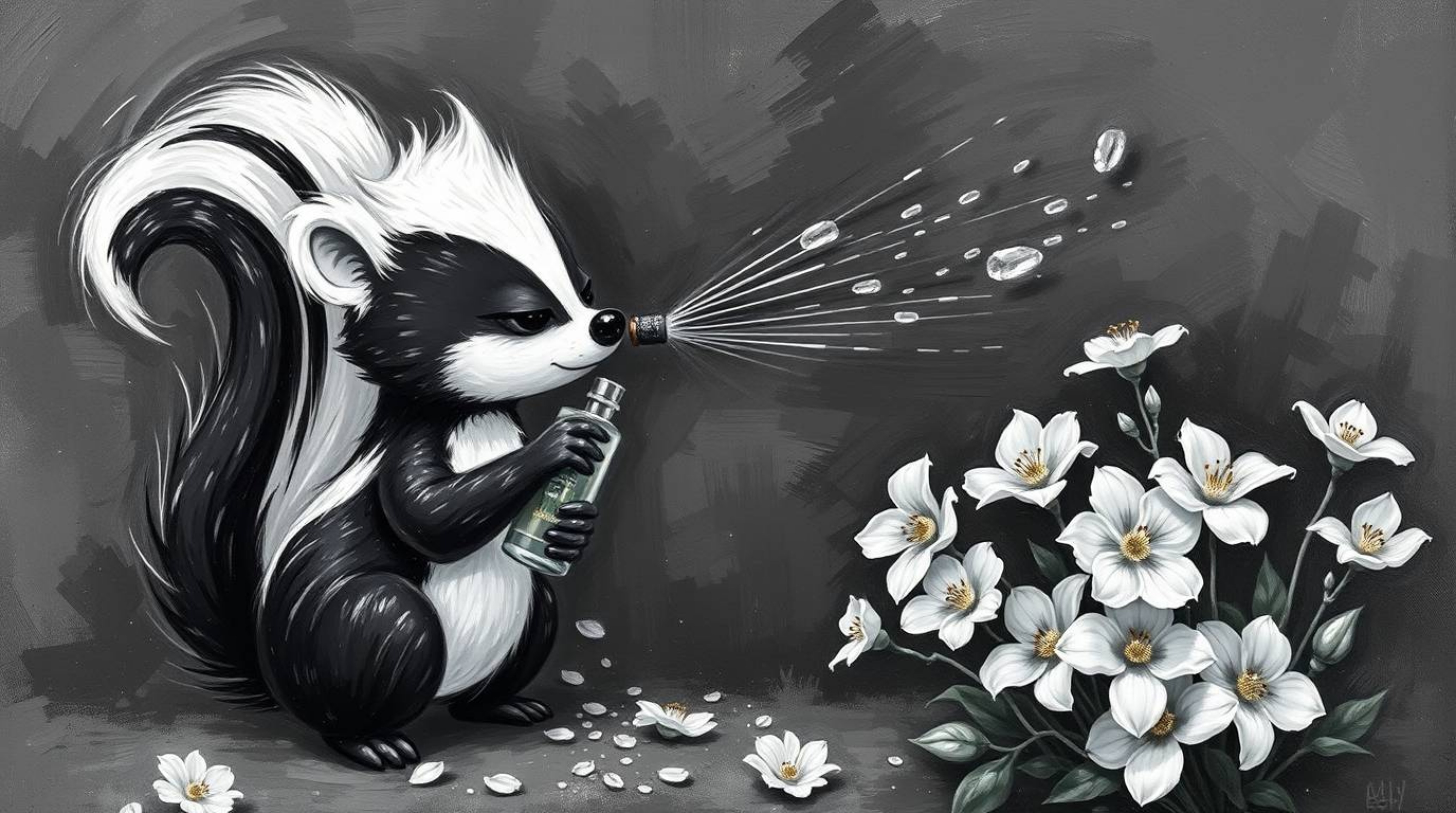 This artwork features a classic black and white oil painting of a cartoon skunk playfully spraying perfume on flowers. The pi