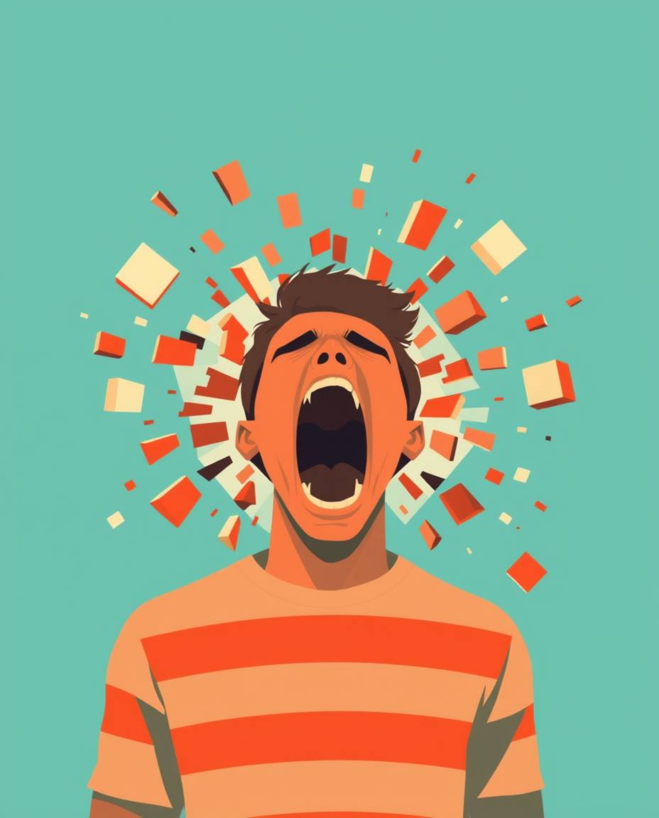 A striking modern flat design depicts a person screaming as their reality disintegrates into pixels, rendered in a warm terra