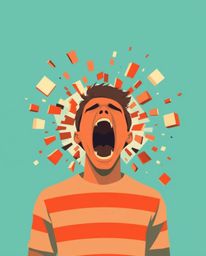 A striking modern flat design depicts a person screaming as their reality disintegrates into pixels, rendered in a warm terra