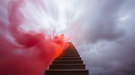 A captivating long exposure photograph depicts a winding stairway of smoke and light ascending into a cloudy sky.  Reds, oran