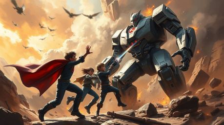An epic and grand scene unfolds, portraying three superpowered kids locked in a fierce battle against a formidable robot.  Re