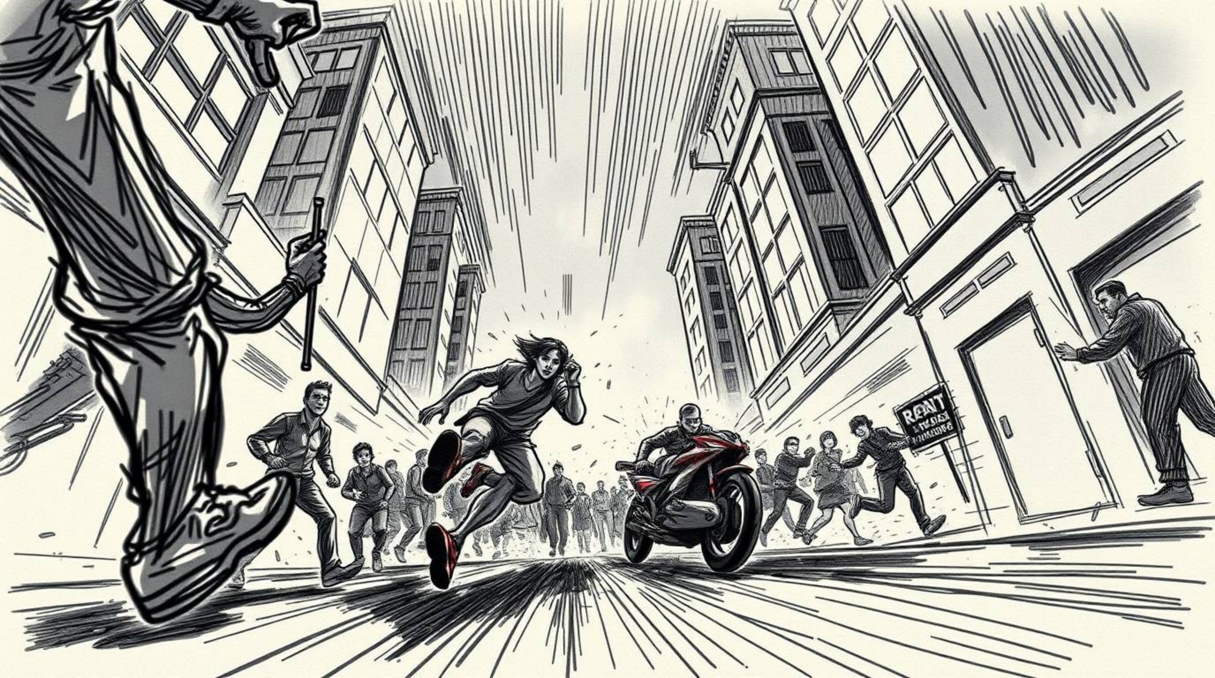 This scene depicts a high-energy chase rendered in a hand-drawn sketch style.  Utilizing a low-angle perspective and exaggera