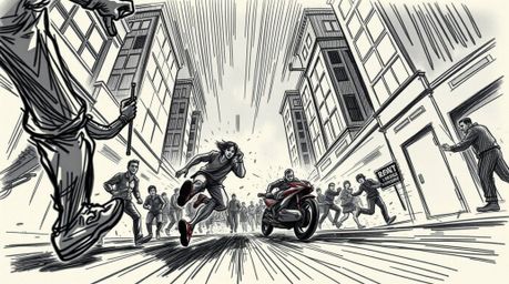 This scene depicts a high-energy chase rendered in a hand-drawn sketch style.  Utilizing a low-angle perspective and exaggera