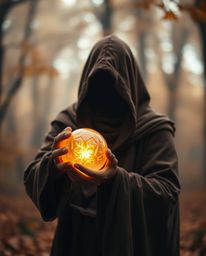 A captivating scene unfolds in an autumnal misty forest, featuring a cloaked figure holding a glowing orb. The sharp focus on