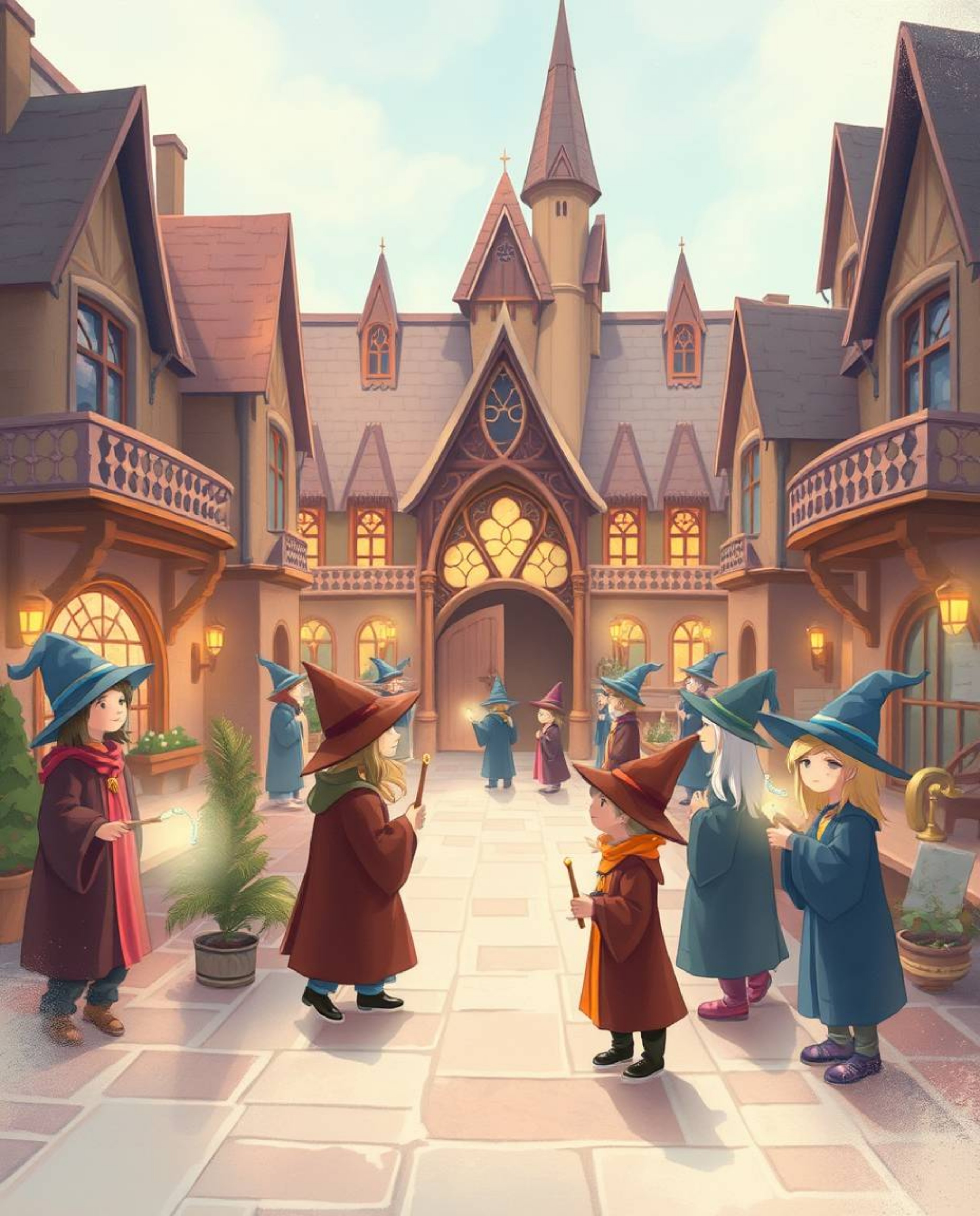 Immerse yourself in a whimsical world with this illustration of a magical school bustling with young wizards. Rendered in soo