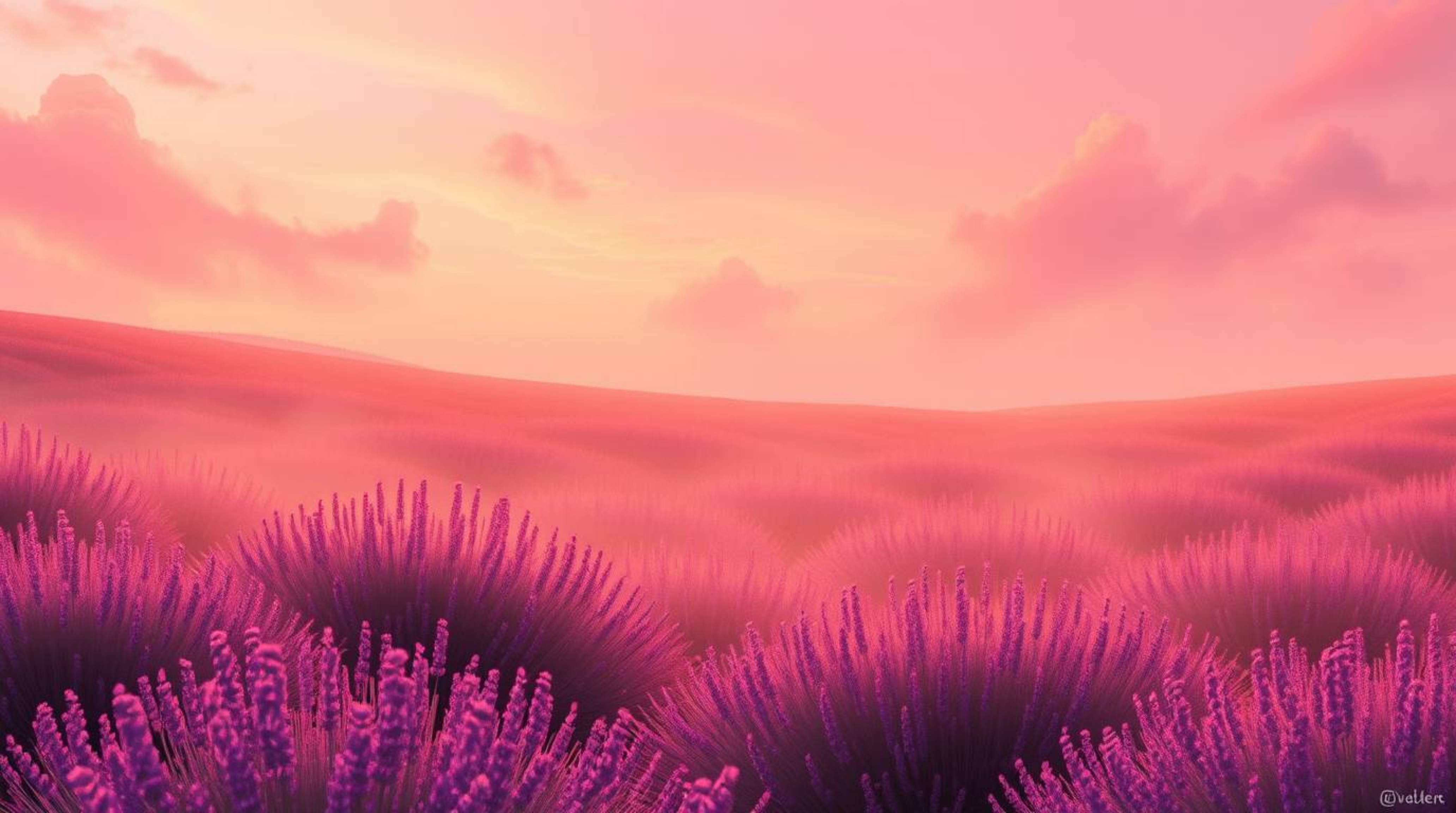 Immerse yourself in a dreamlike digital painting featuring lavender fields bathed in the radiant glow of a dreamy pink sky. T