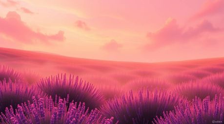 Immerse yourself in a dreamlike digital painting featuring lavender fields bathed in the radiant glow of a dreamy pink sky. T