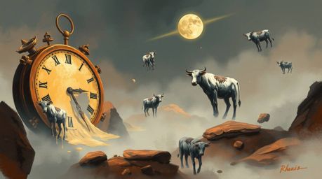 Explore a breathtaking digital sketch of a surreal dreamscape, where melting clocks and floating cows dance amidst loose pain