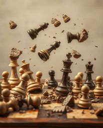 This artwork presents a chessboard scene frozen in a moment of chaotic destruction, with pieces suspended mid-air. Rendered i