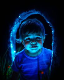 A whimsical journey unfolds as a child with rosy cheeks stumbles upon a vibrant, glowing bioluminescent portal hidden in thei