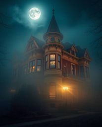 A captivating photograph showcases a fog-covered Victorian mansion bathed in moonlight.  The image features smooth gradient t