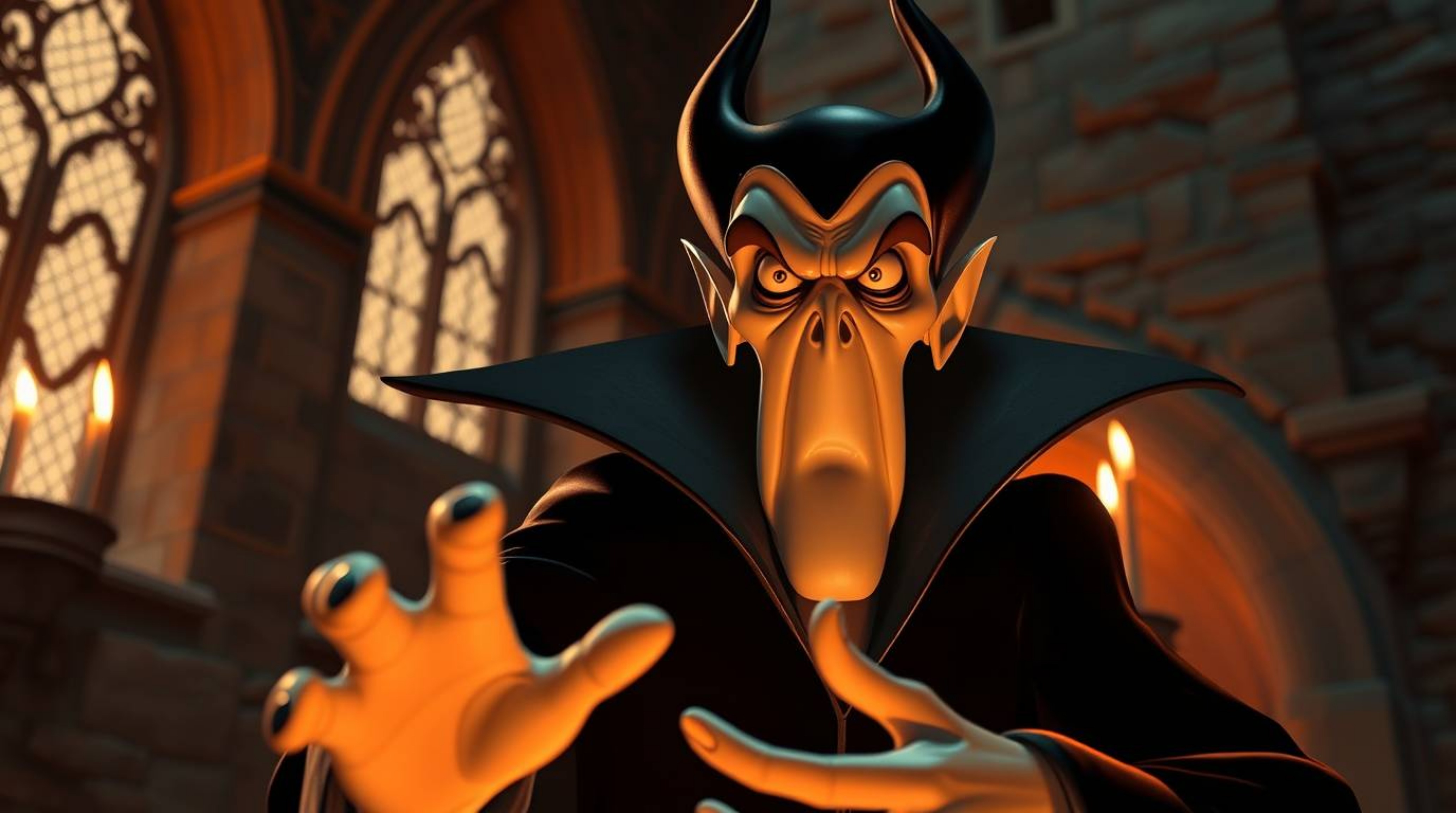 A captivating image of a classic Disney villain, rendered in infrared surreal tones with a warm candlelight glow. The villai