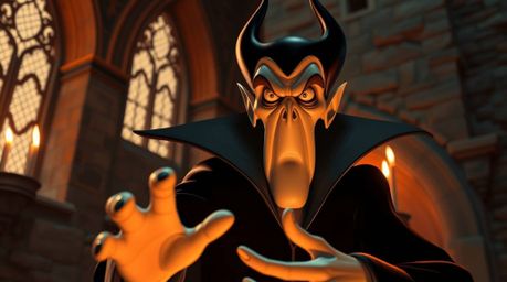 A captivating image of a classic Disney villain, rendered in infrared surreal tones with a warm candlelight glow.  The villai