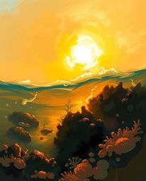 A dynamic digital sketch portrays a coral reef at low tide, bathed in a warm golden glow. The artwork is characterized by loo