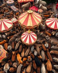 An aerial perspective of a carnival overtaken by wild animals, rendered in natural earth tones like browns and beiges with mu