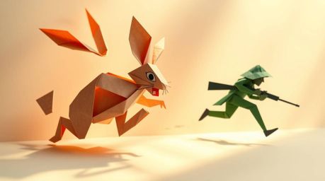 This whimsical artwork depicts a wacky rabbit in an intricate origami style, playfully outrunning a hunter with slapstick hum