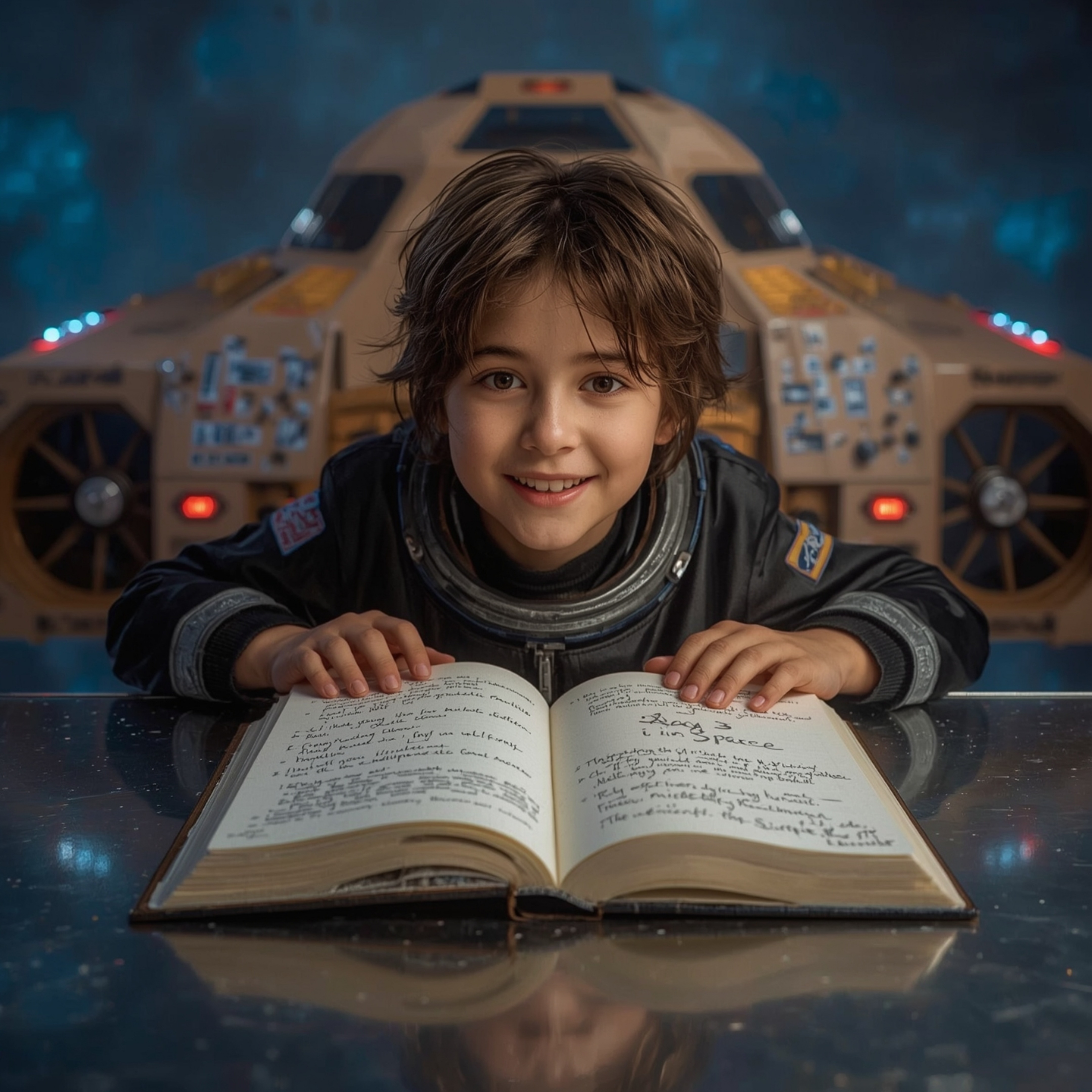 A captivating Pixar-style high fashion photograph depicts a boy with a curious gaze and bright smile, triumphantly posing in 