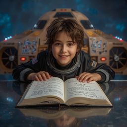 A captivating Pixar-style high fashion photograph depicts a boy with a curious gaze and bright smile, triumphantly posing in 
