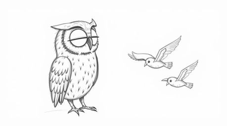 This Pixar-style hand-drawn sketch depicts a heartwarming scene: a blind owl, meticulously rendered with textured pencil stro