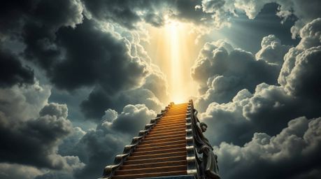 Experience a scene of dramatic weather juxtaposed with the serenity of a golden staircase ascending through stormy skies to a