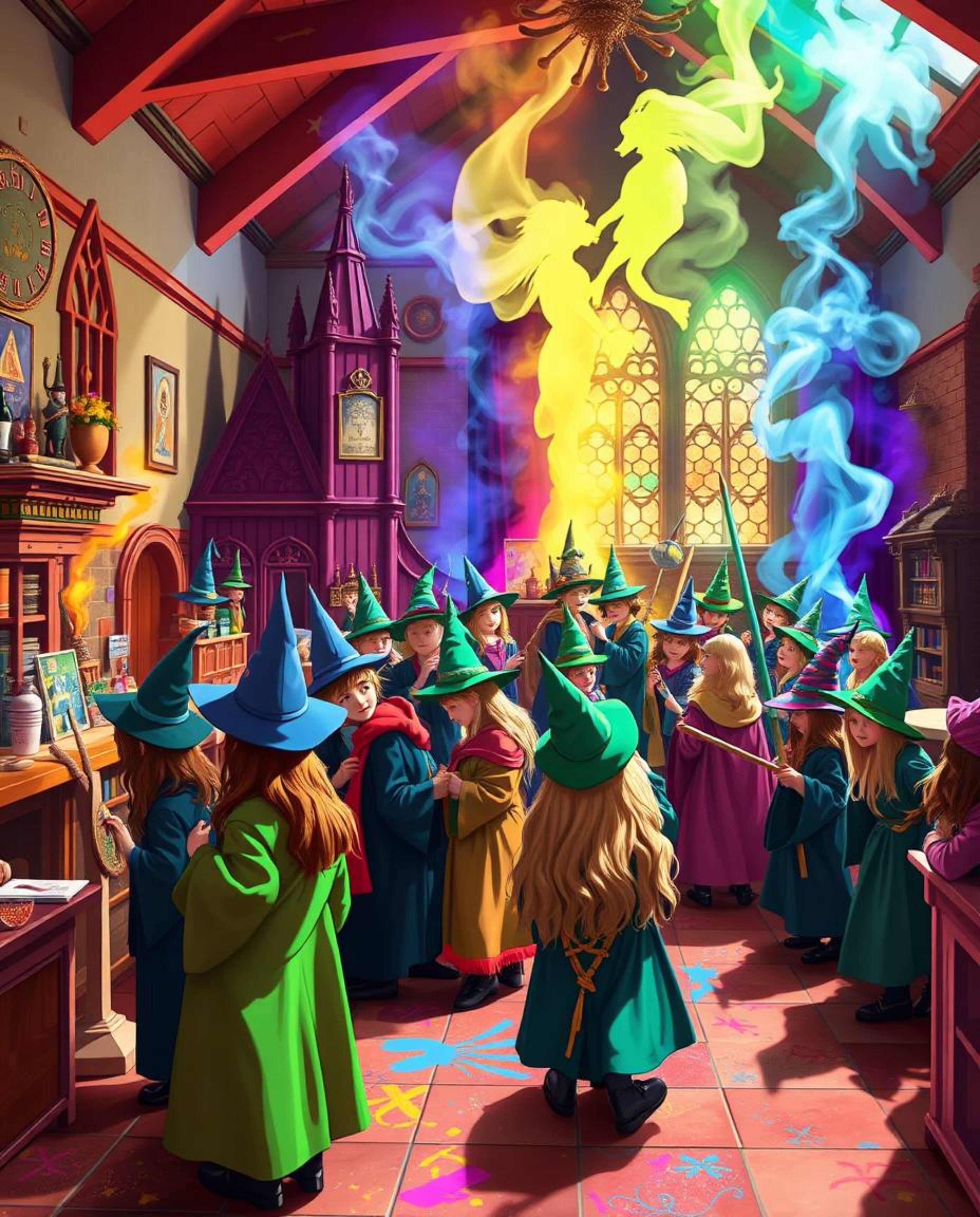 Immerse yourself in a vibrant magical school brimming with young wizards!  Experience the lively and energetic atmosphere, fi
