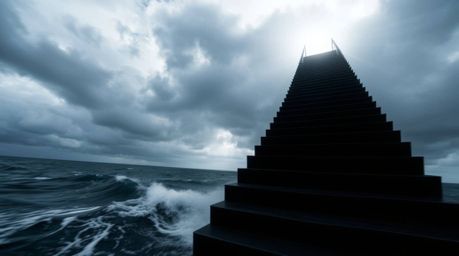 Experience the raw power of nature in this dynamic photograph. A dramatic ocean staircase rises defiantly into a stormy sky, 