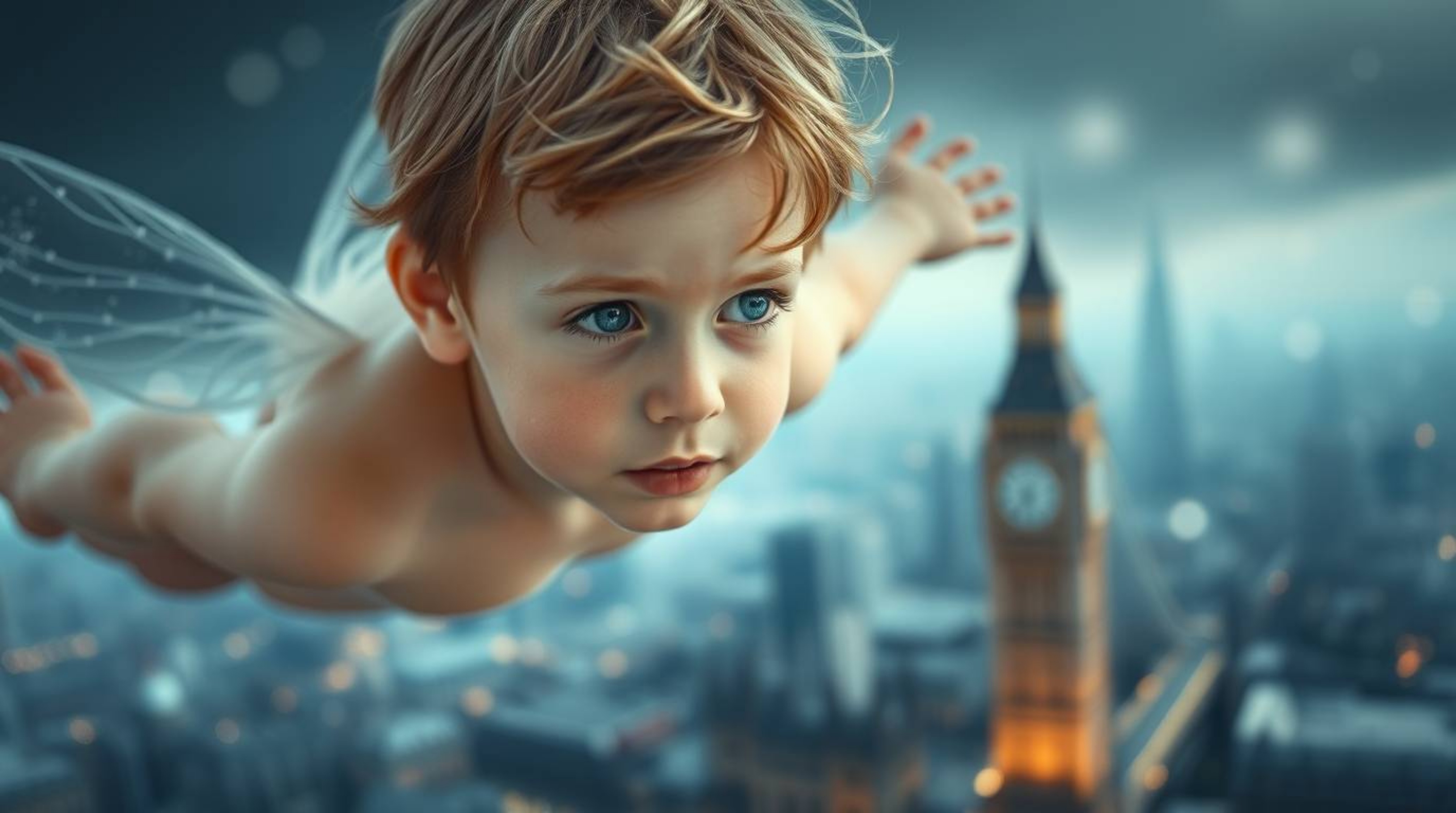 A young boy with ethereal features is depicted flying above a dreamlike and surreal London landscape. Shimmering pixie dust t