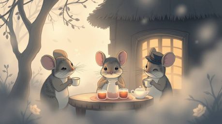 A captivating Isekai-style anime illustration depicts anthropomorphic mice enjoying a tea party within a cozy, foggy cottage.