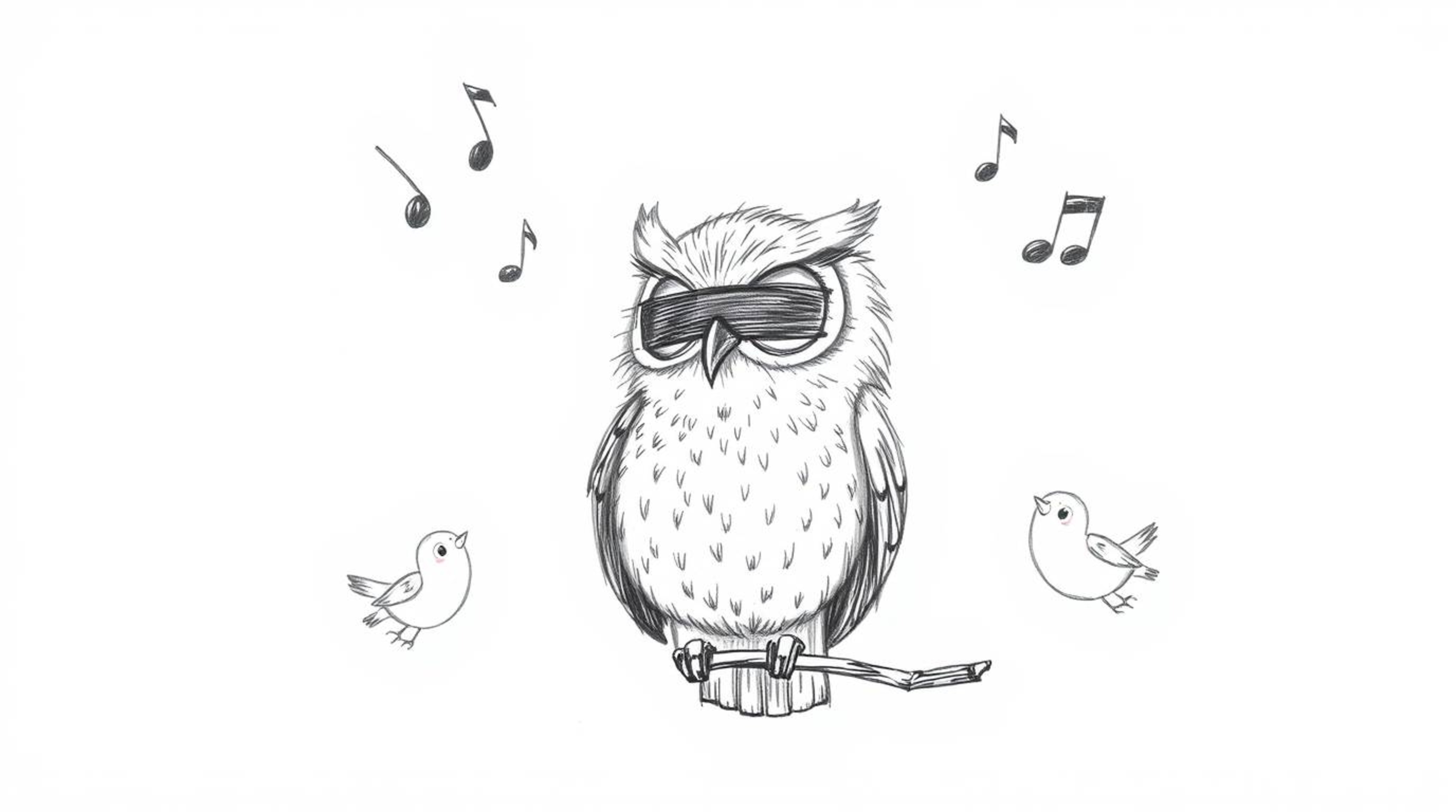 A heartwarming hand-drawn sketch in the style of Pixar, featuring a blind owl with soft, downy feathers.  This unique owl gui