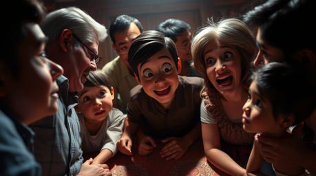Experience a poignant and dramatic Pixar-style family reunion brought to life with intense dramatic lighting, high contrast, 