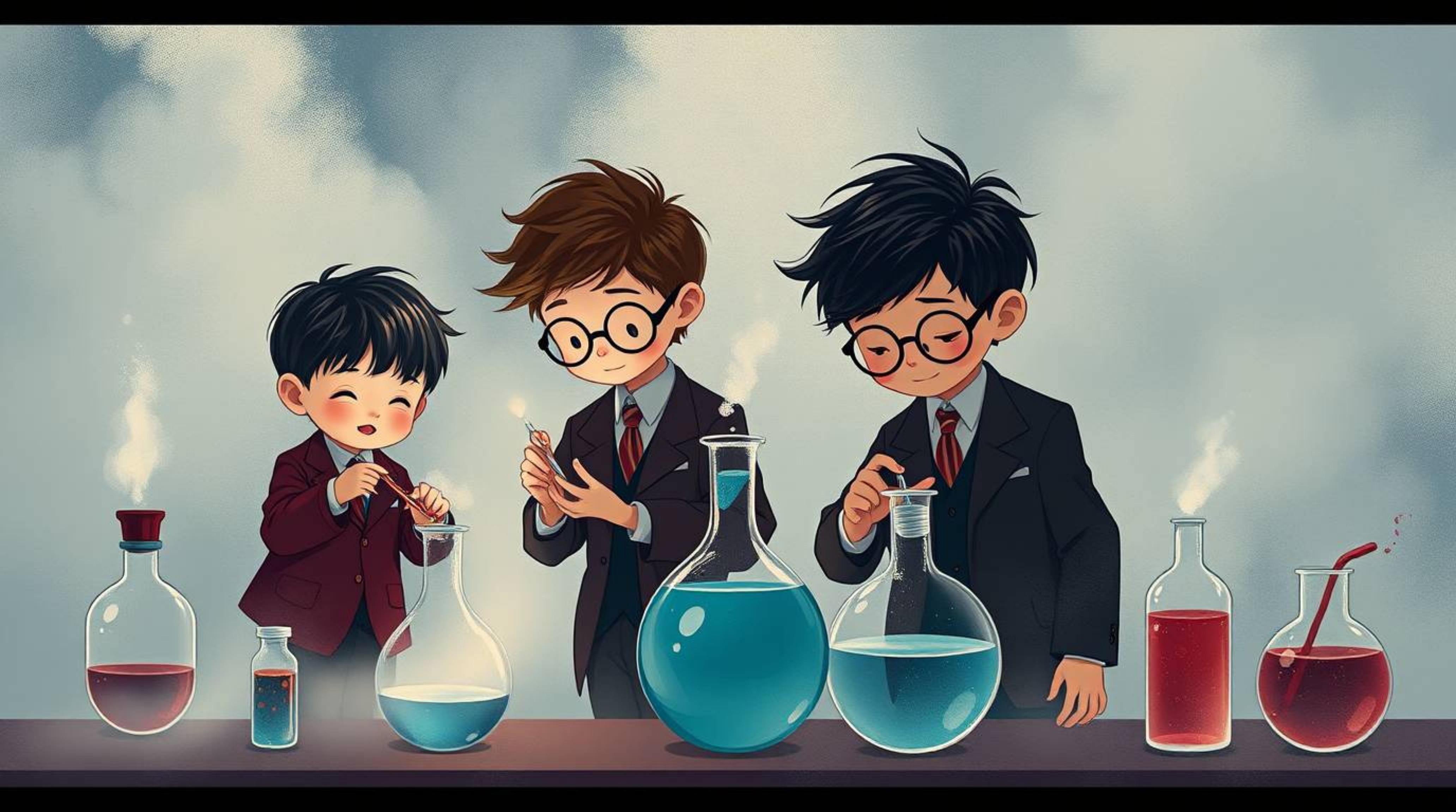 A sophisticated and elegant illustration depicts quirky children in school uniforms conducting experiments within a thick fog
