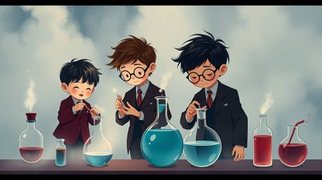 A sophisticated and elegant illustration depicts quirky children in school uniforms conducting experiments within a thick fog