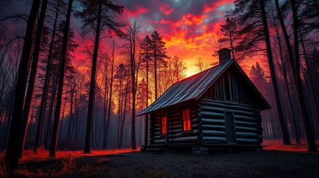 A digitally painted image showcases an old wooden cabin nestled deep within the woods at sunset.  Vivid electric colors and h
