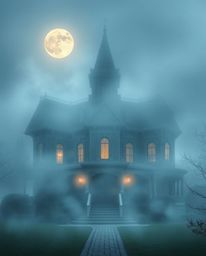 A dreamy and ethereal depiction of a Victorian mansion shrouded in fog under the soft glow of moonlight. The artwork features