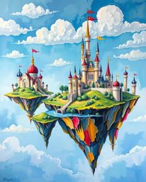 A graceful and elegant acrylic painting depicts a colorful kingdom featuring mesmerizing floating islands and majestic castle