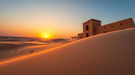 A breathtaking architectural photograph captures the precise details of a desert sunset.  Sharp lines accentuate the intricat