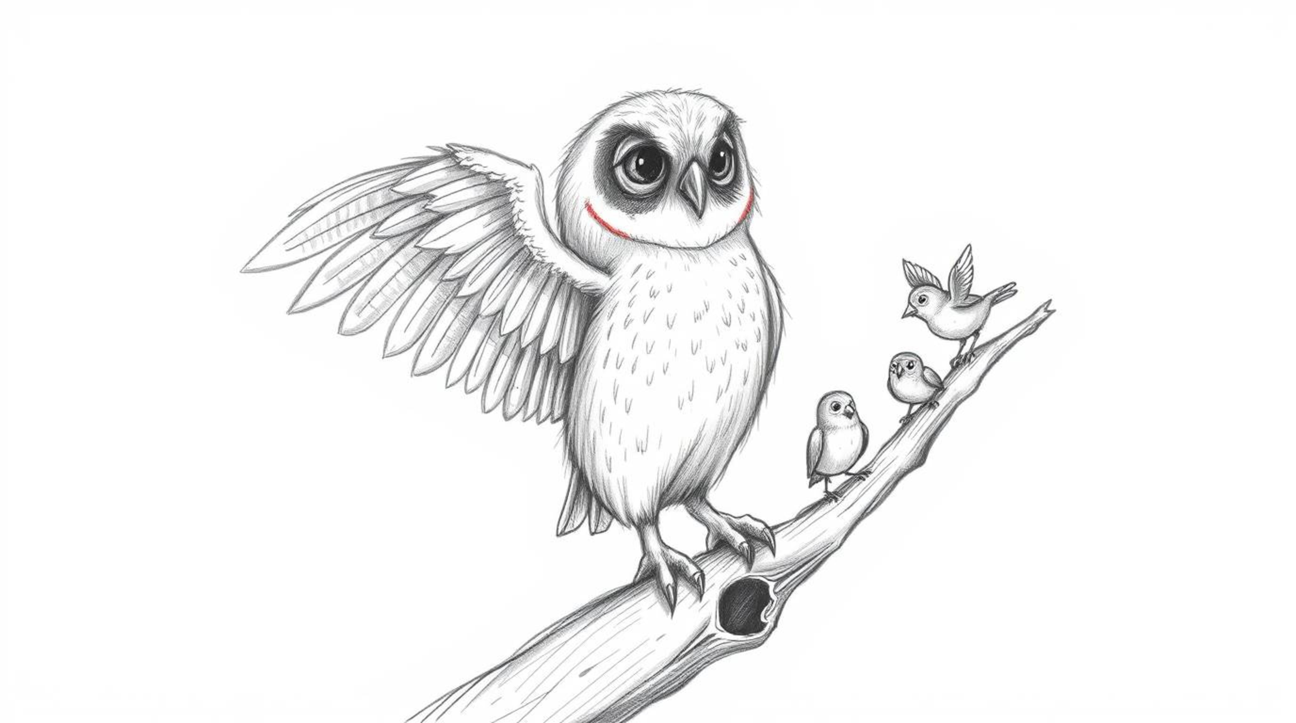A heartwarming hand-drawn sketch in the style of Pixar portrays a wise, blind owl with incredibly soft, feathery textures gui